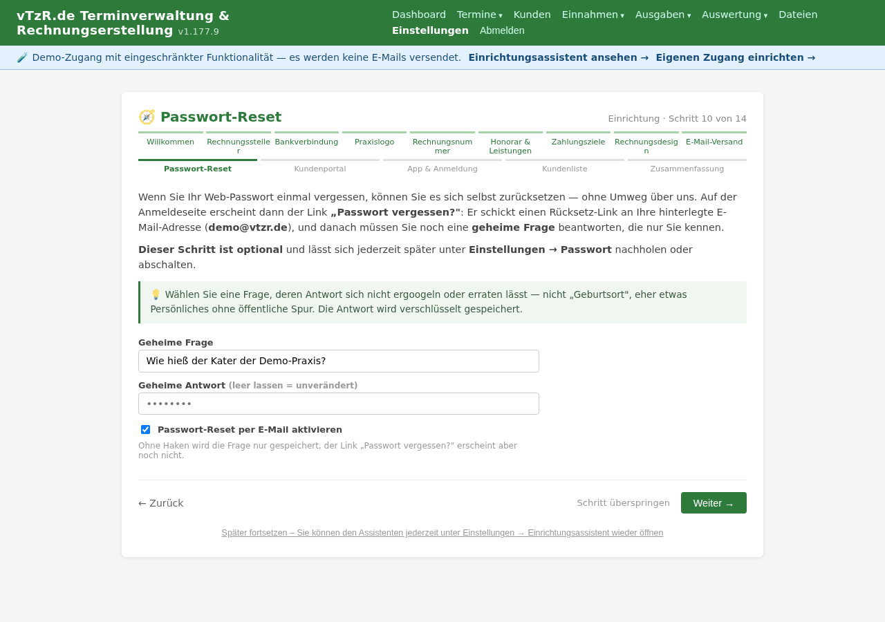 Einrichtungsassistent Schritt 10: Passwort-Reset — geheime Frage und hinterlegte E-Mail-Adresse