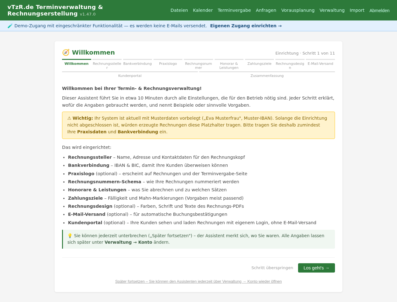 Einrichtungsassistent Schritt 1 von 11: Willkommen – Überblick über alle Einrichtungsschritte