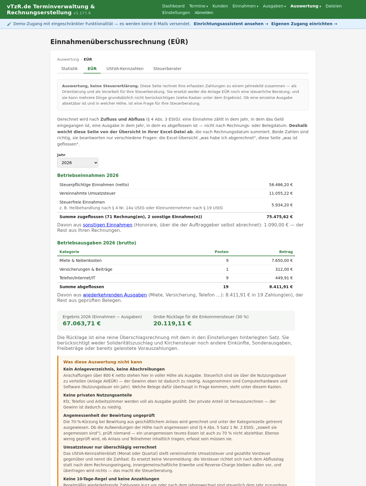 Seite „Auswertung (EÜR)“ mit Betriebseinnahmen, Betriebsausgaben und Ergebnis