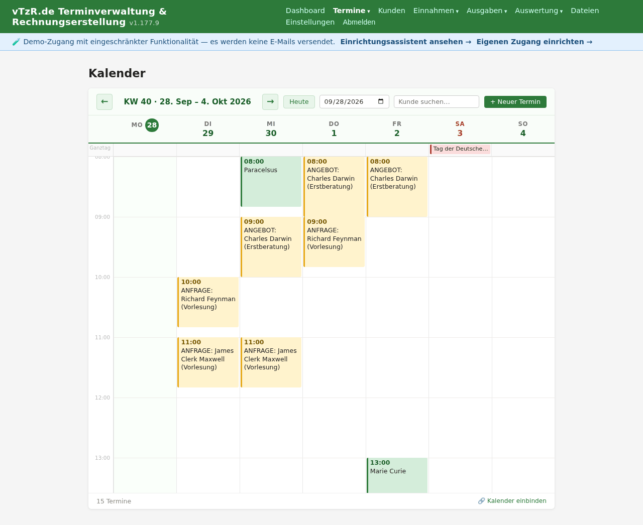 Wochenkalender von vTzR.de mit automatisch hinterlegten Feiertagen und Schulferien