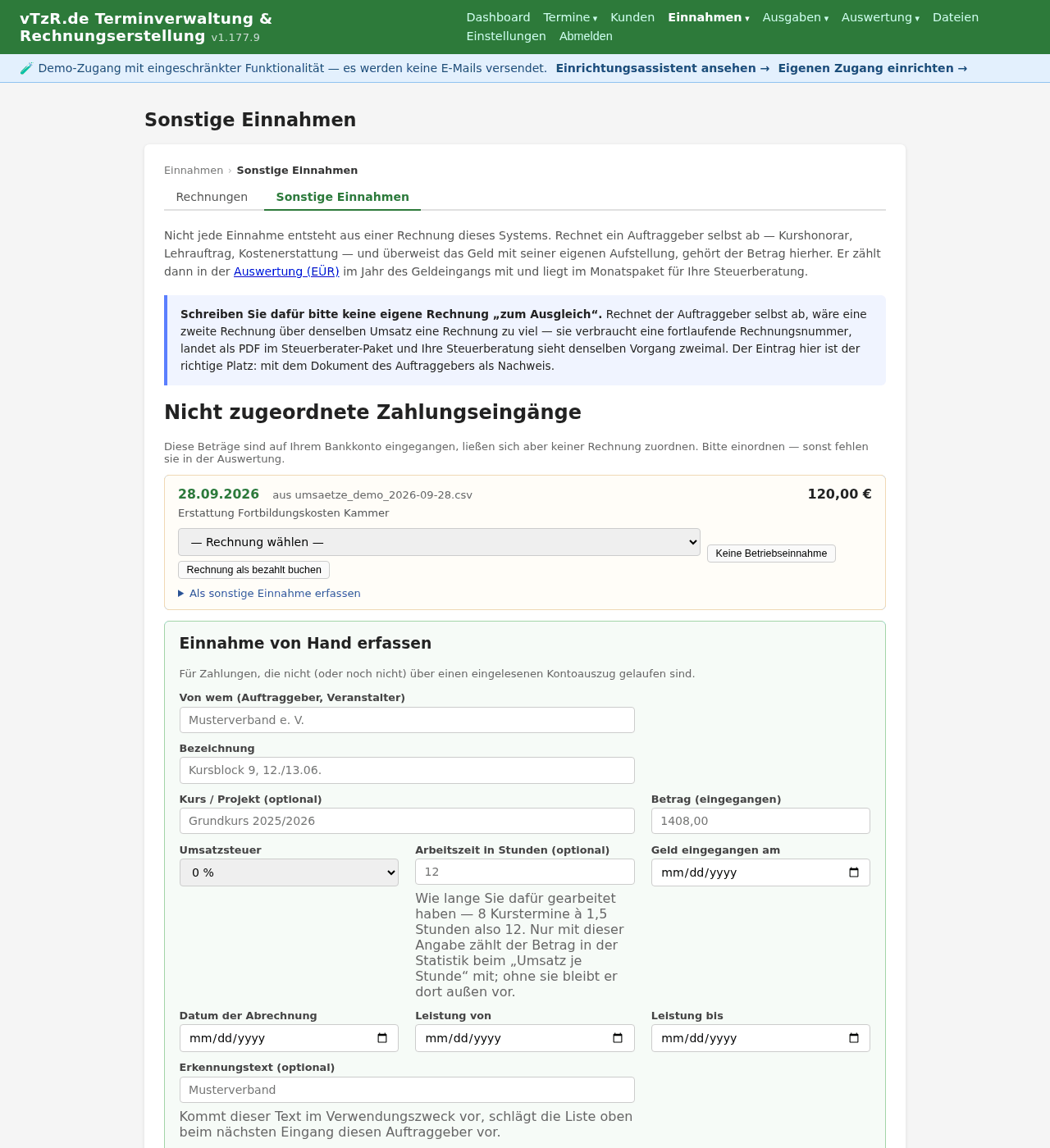 Seite „Sonstige Einnahmen“ mit erfassten Honoraren und nicht zugeordneten Zahlungseingängen