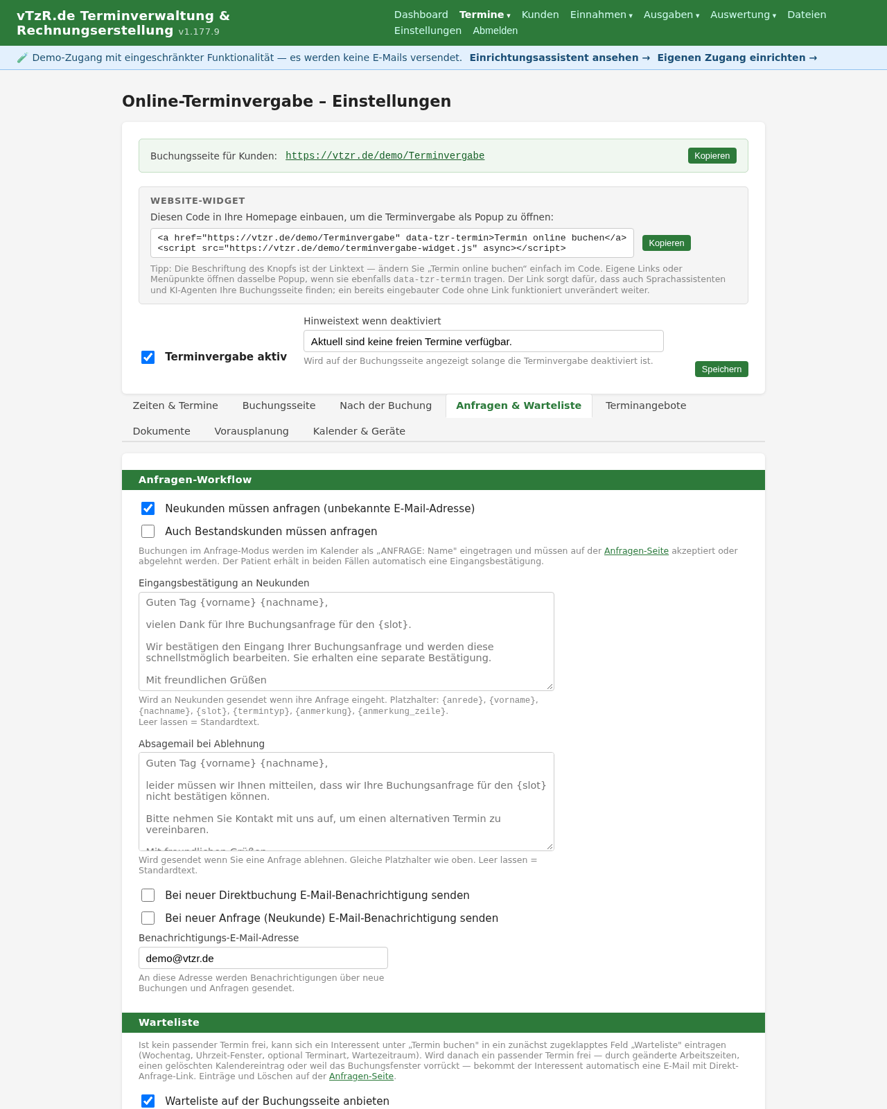 Terminvergabe-Einstellungen, Reiter „Anfragen und Warteliste“ mit den Schaltern für den Anfragemodus