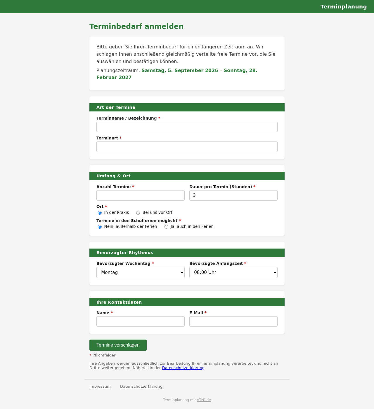 Vorausplanungs-Formular für einen Organisationskunden mit Terminvorschlägen je Termin
