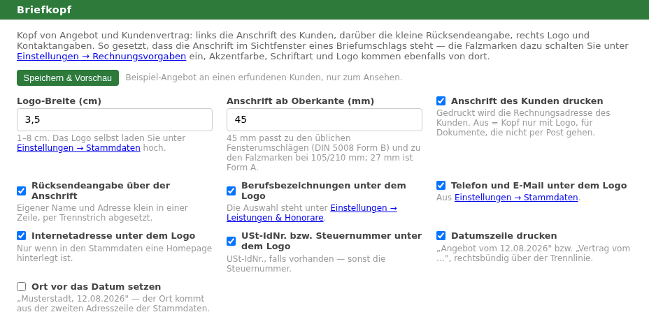 Einstellung „Briefkopf“ mit Feldern für Logo-Breite und Anschriftposition sowie Häkchen für Anschrift, Rücksendeangabe, Berufsbezeichnungen, Kontakt, Homepage, Steuerkennzeichen und Datumszeile