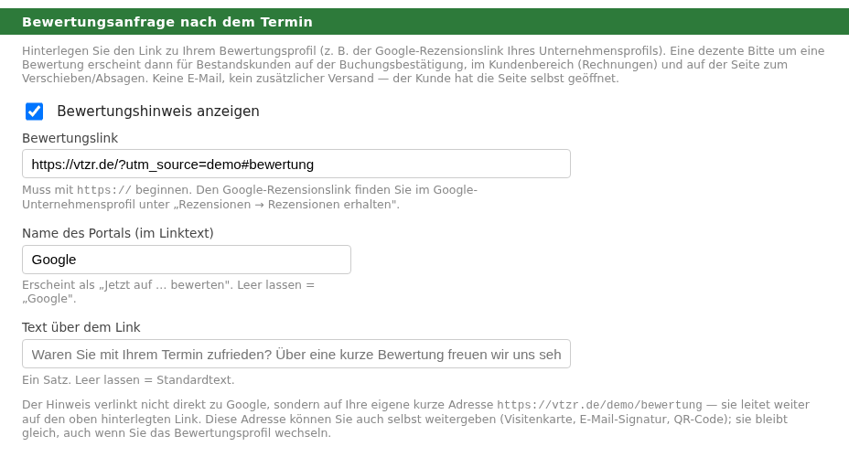 Einstellungsabschnitt „Bewertungsanfrage nach dem Termin“ mit Feldern für Bewertungslink, Anzeigename und Text