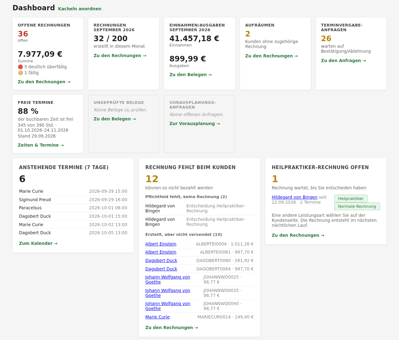 Dashboard mit Kacheln zu offenen Rechnungen, Rechnungen des Monats, Einnahmen/Ausgaben, Terminvergabe-Anfragen, freien Terminen, ungeprüften Belegen, anstehenden Terminen und fehlenden Rechnungen