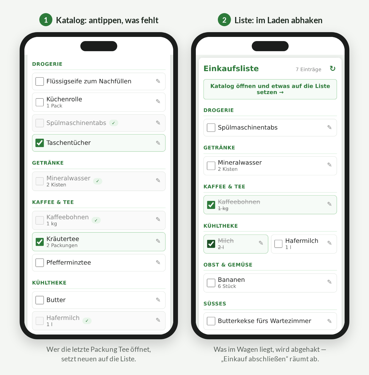 Zwei Smartphones nebeneinander. Links der Katalog, nach Bereichen wie Drogerie, Getränke, Kaffee und Tee sortiert, mit angetippten Einträgen Taschentücher und Kräutertee. Rechts die Einkaufsliste mit abgehakten und durchgestrichenen Einträgen Kaffeebohnen und Milch.