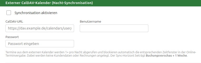 Kontoeinstellung „Externer CalDAV-Kalender (Nacht-Synchronisation)“: Felder für CalDAV-URL, Benutzername und Passwort