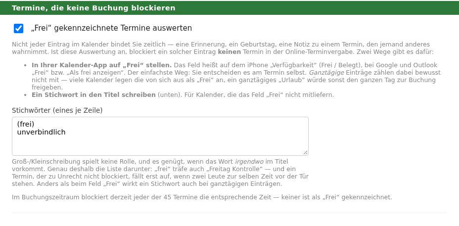 Einstellungsabschnitt „Termine, die keine Buchung blockieren“ mit Schalter, Erklärung, Stichwortliste und der Anzeige, wie viele Termine derzeit blockieren
