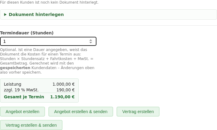 Feld „Termindauer (Stunden)“ mit live berechneter Kostenaufstellung: Leistung, MwSt. und Gesamt je Termin