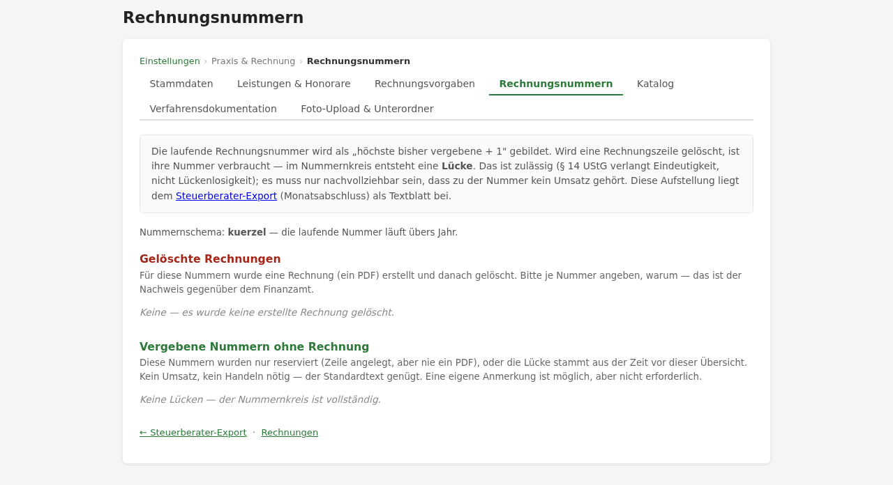 Seite „Rechnungsnummern“ mit den Abschnitten für gelöschte Rechnungen und für vergebene Nummern ohne Rechnung