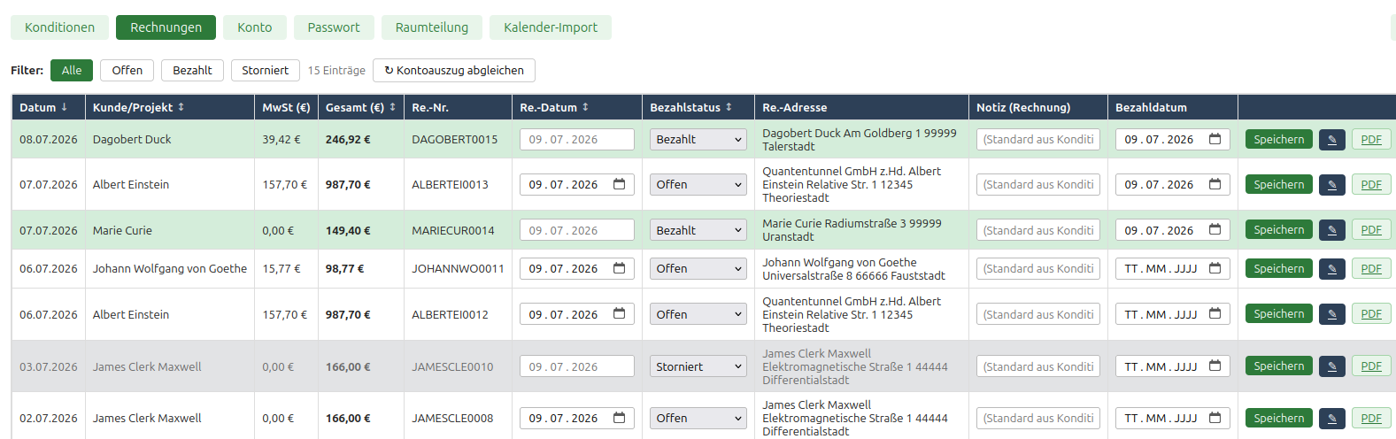 Rechnungsübersicht mit Filterleiste (Alle, Offen, Bezahlt, Storniert), Button „Kontoauszug abgleichen“ sowie Tabelle mit Datum, Kunde, Betrag, Rechnungsnummer, Bezahlstatus und PDF-Download je Zeile