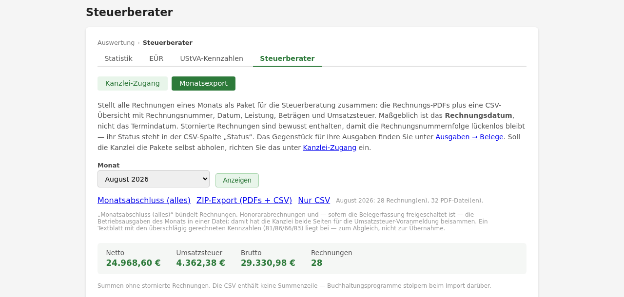 Seite „Steuerberater“, Reiter „Monatsexport“: Monatsauswahl, Links „Monatsabschluss (alles)“, „ZIP-Export“ und „Nur CSV“ sowie eine Summenzeile aus Netto, Umsatzsteuer, Brutto und Rechnungsanzahl