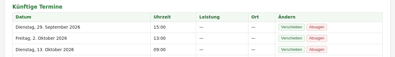 Reiter „Verlauf“ einer Kundenseite mit der Tabelle „Künftige Termine“ und je Zeile den Schaltflächen „Verschieben“ und „Absagen“