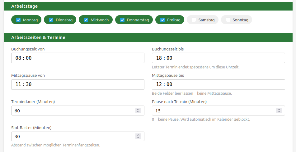 Kontoeinstellung „Arbeitstage“ und „Arbeitszeiten & Termine“: Wochentage an-/abwählbar, Buchungszeit, Mittagspause, Termindauer, Pause nach Termin und Slot-Raster