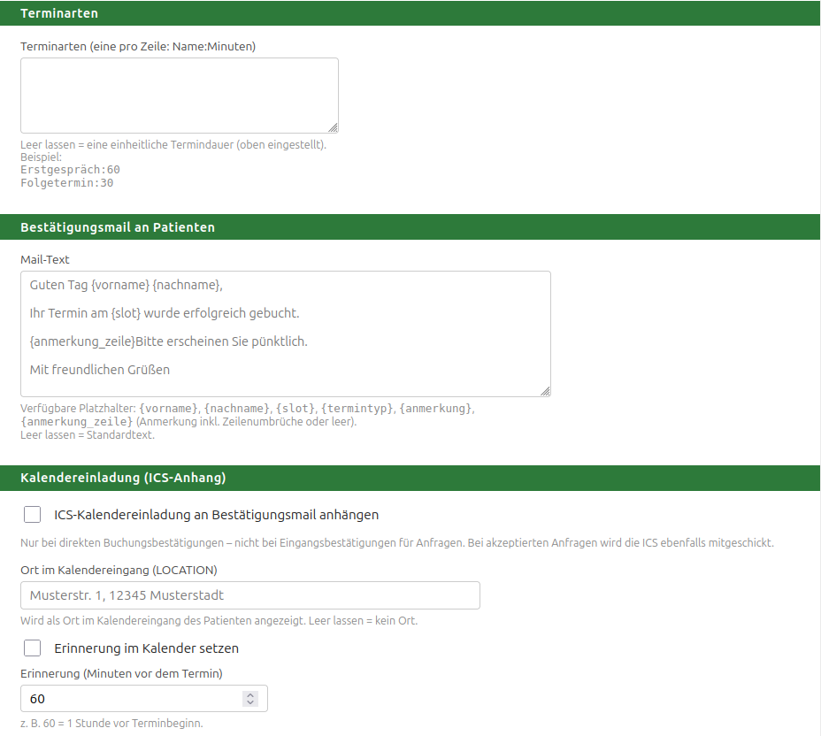 Kontoeinstellungen „Terminarten“ mit Freitextfeld (eine Terminart pro Zeile, Format Name:Minuten) sowie „Bestätigungsmail an Patienten“ mit Mail-Text und Platzhaltern und „Kalendereinladung (ICS-Anhang)“