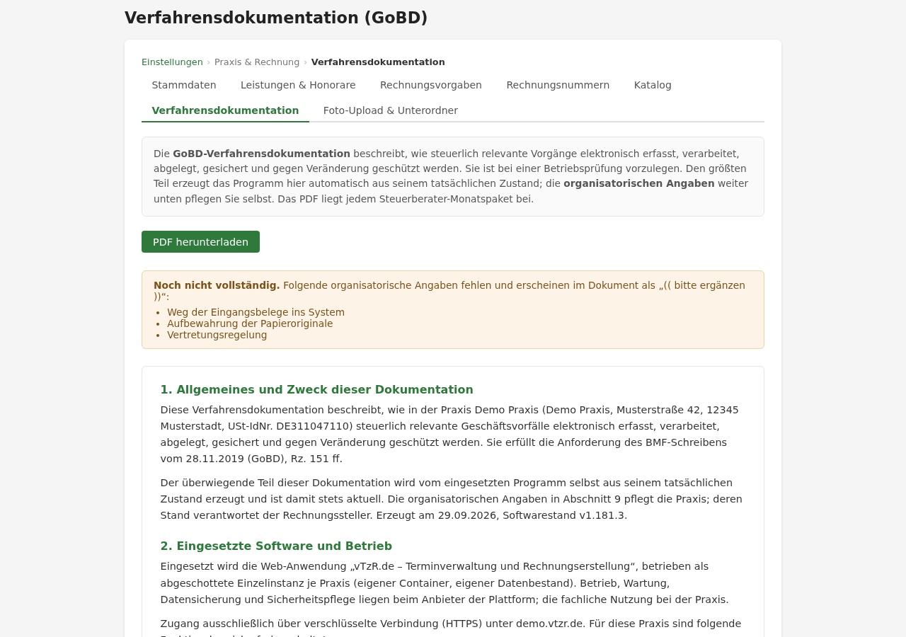 Seite „GoBD-Verfahrensdokumentation“ mit dem erzeugten Dokument und dem Formular für die organisatorischen Angaben